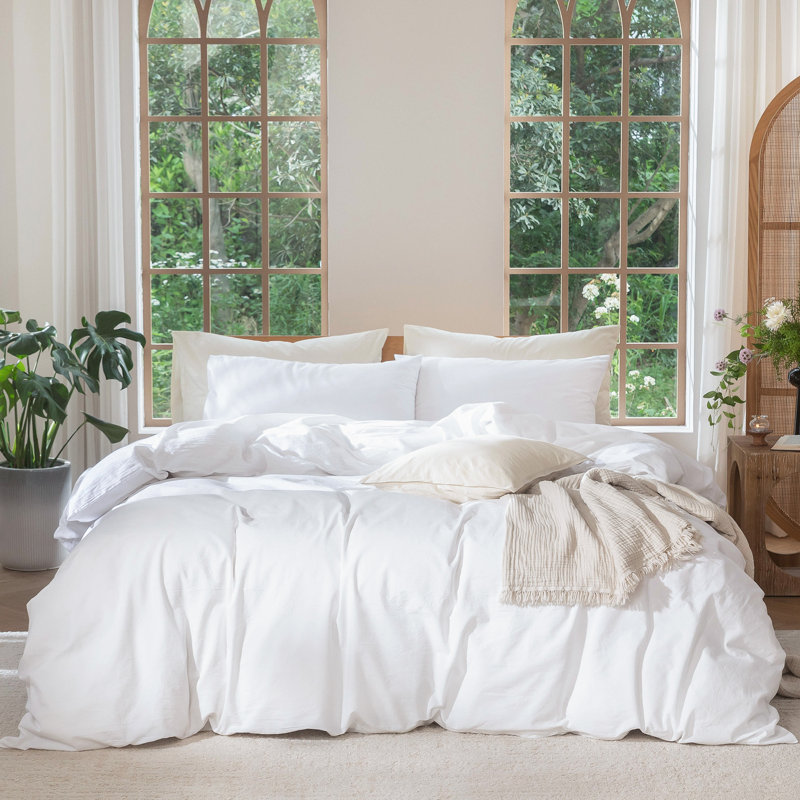 100% Washed Cotton Linen Like Textured Duvet Cover Set, Bright White, Queen Duvet Cover + 2 Standard Pillowcases