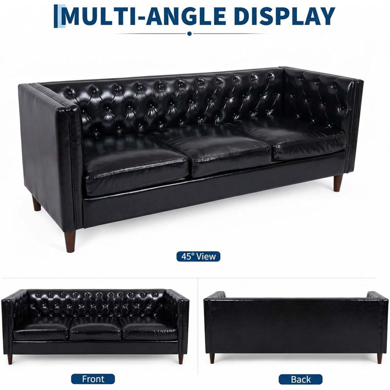 Canapé Chesterfield de 81 po en cuir moderne de 81 po avec siège profond, capitonné à la main, 3 sièges pour le bureau du salon