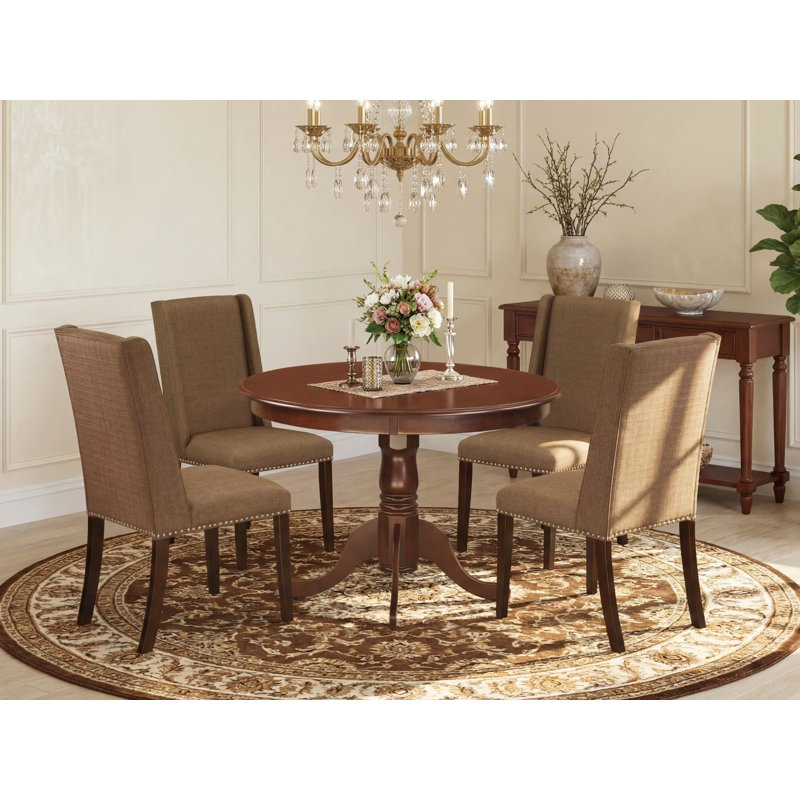 Ensemble de table de salle à manger 5 pièces moderne comprenant une table ronde en bois avec piédestal et 4 chaises rembourrées en tissu de lin brun, acajou