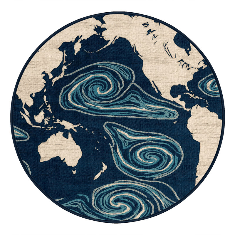Washable Ocean Current Map Coastal Area Rug, Round 8'
