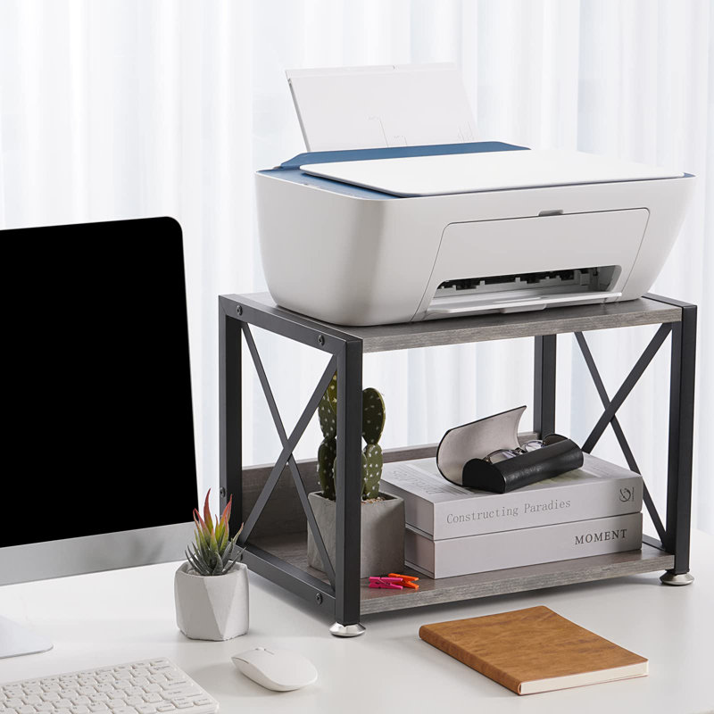 Desktop Printer Stand With Double Layer Wooden Storage Shelves, Multi-Function Desktop Organizer With Adjustable Non-Slip Feet