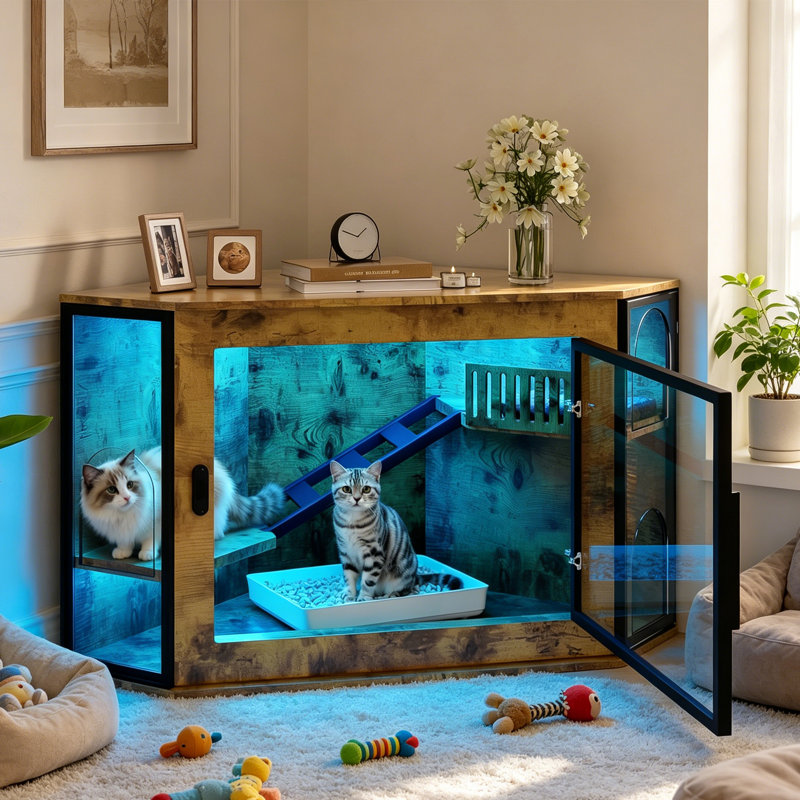 Enceinte de lit 48 po avec porte cachée pour chat et lumière DEL