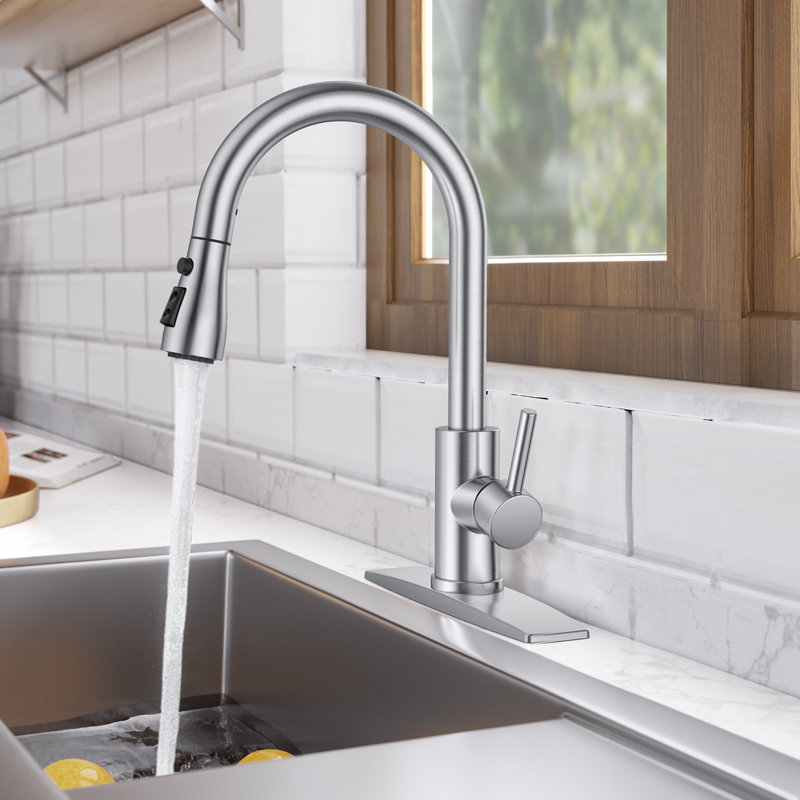 FURUISI Pull Down Single Handle Kitchen Faucet with Soap Dispenser, Brushed Nickel