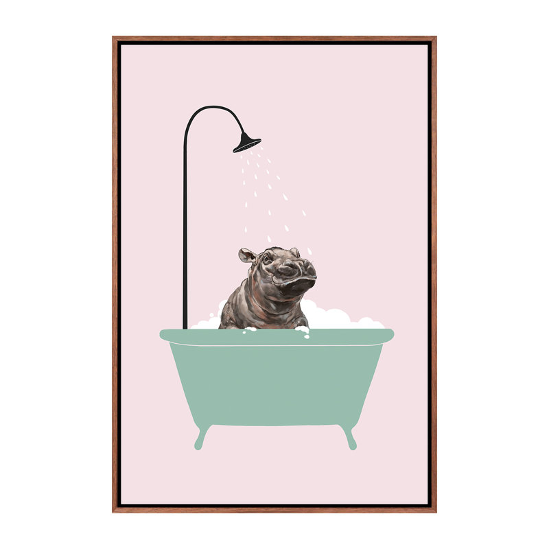 Hippopotame dans une baignoire, art encadré, H 26 po x l 18 po x P 1,5 po, Toile avec cadre en bois classique