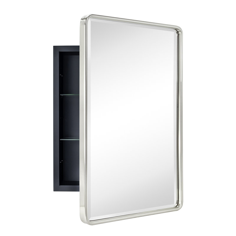 Farmhouse Recessed Metal Bathroom Medicine Cabinets with Mirror with Adjustable Tempered Glass Shelves, Brushed Nickel