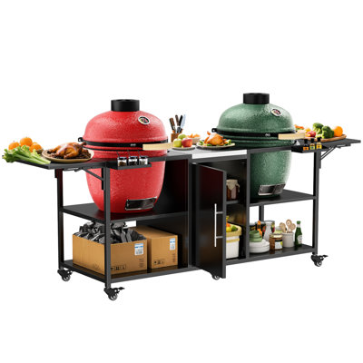 Outdoor Grill Cart For Two Big Egg - Metal Table Compatible With Large Egg, 18 Inch, And Similar Models, Black Silver, 109.11 Lb, 34.76 In Height, 25.45 Width, 99.93 Depth, 6 360 Wheels, 4 Lockable,