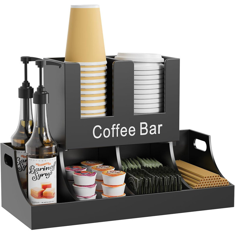 Organisateur de station de café, organisateur de bar à café en bambou pour le comptoir, organisateur de rangement de condiments et de tasses, accessoires de bar pour la cuisine, le bureau, la maison