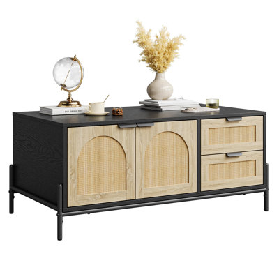 Coffee Table With LED Lights, Mid Century Modern Coffee Table With 2 Storage Drawers And 2 Arched Door