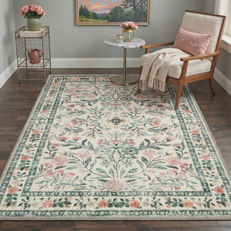 Verdant Floral Vines Machine Washable Green / Pink / Beige Indoor Area Rug with Non-Slip Backing, Rectangle 6' x 9'