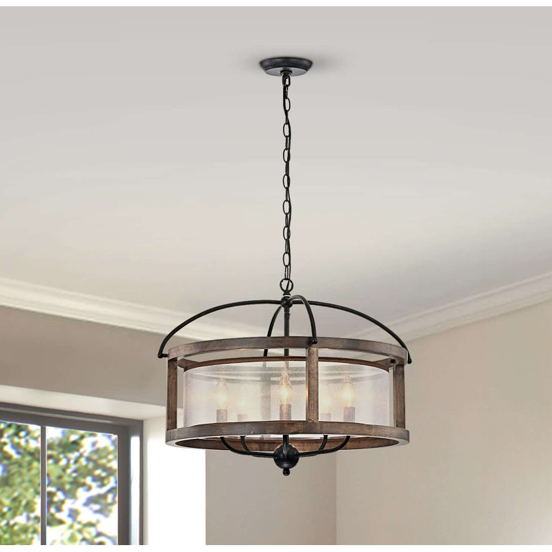 Eugen 5 - Light 23.6" Antique Black Metal Fabric Shade Wood Frame Chandelier
