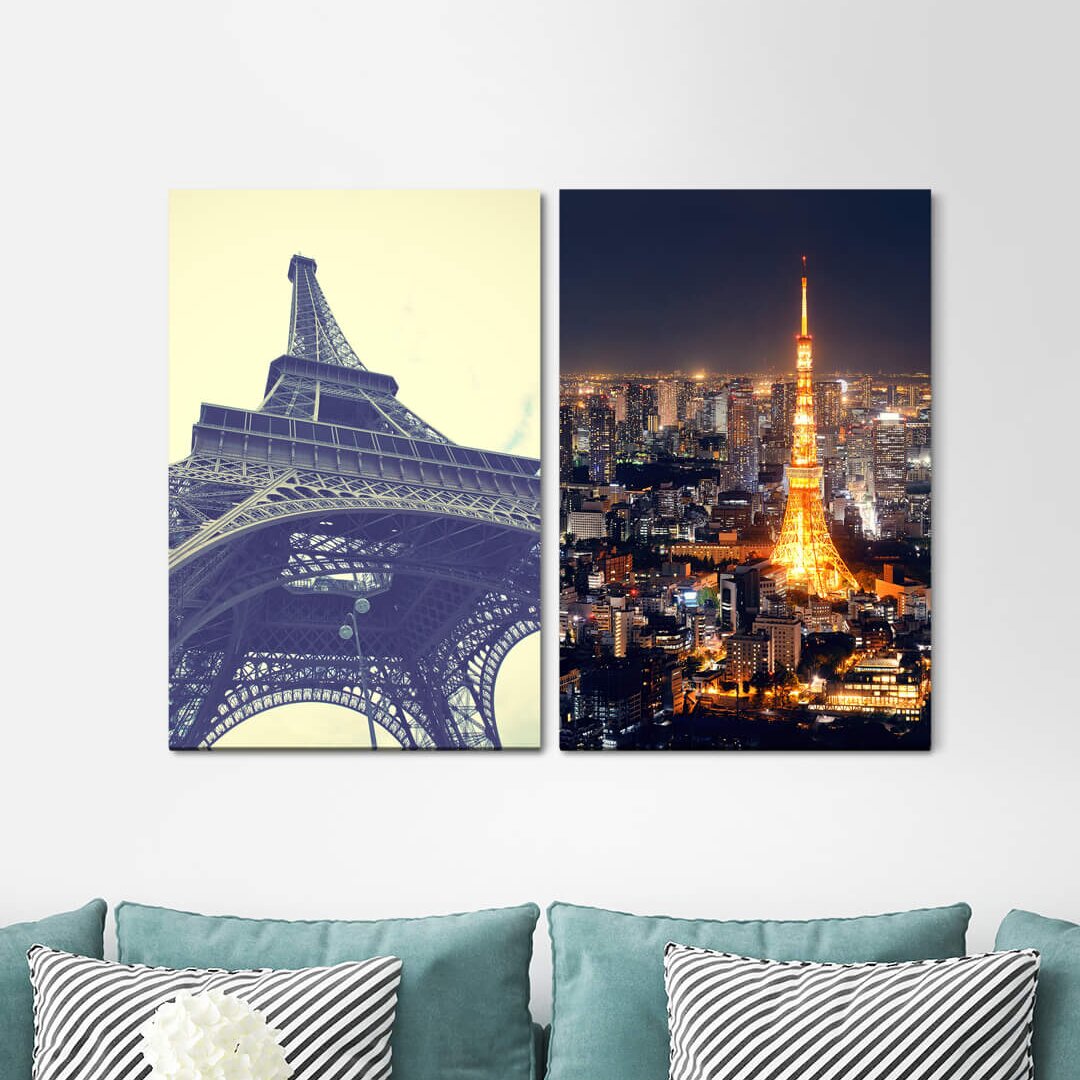 2-tlg. Leinwandbilder-Set Paris Eiffel Tower France Japan Tokyo Wolkenkratzer City Lights