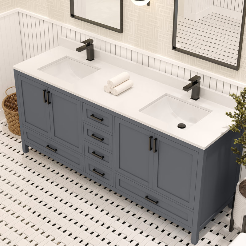 Rooh 72'' Double Bathroom Vanity with White Quartz Top, Matte Black, Grey