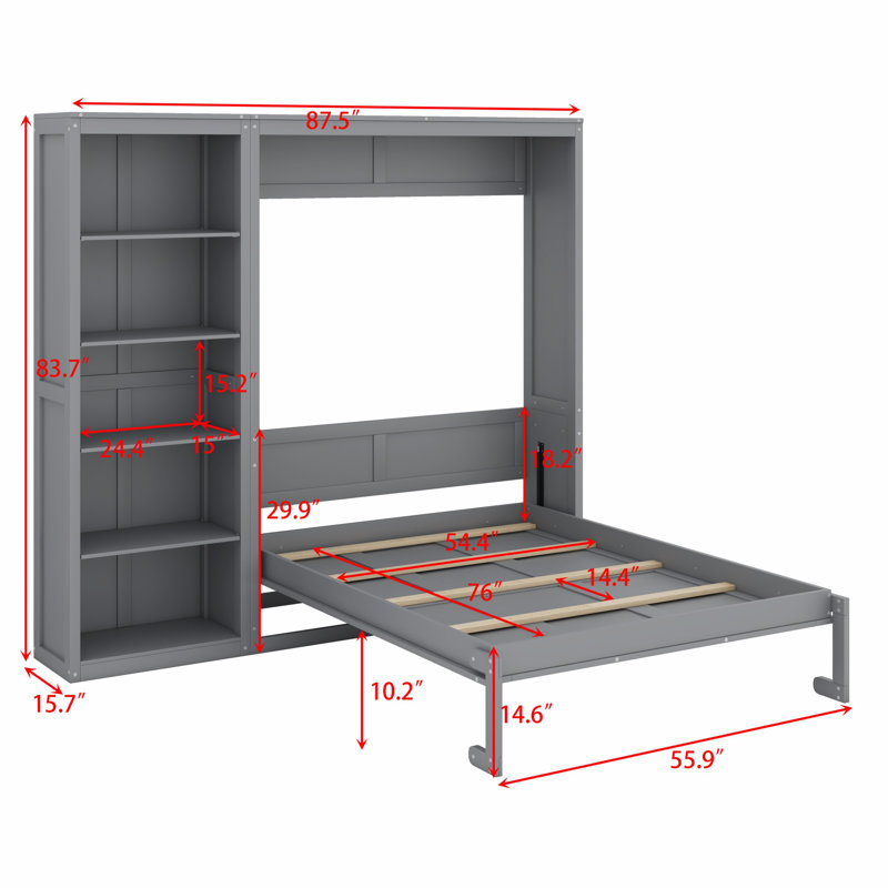 Lit escamotable mural avec tablettes Murphy, gris, Lit double