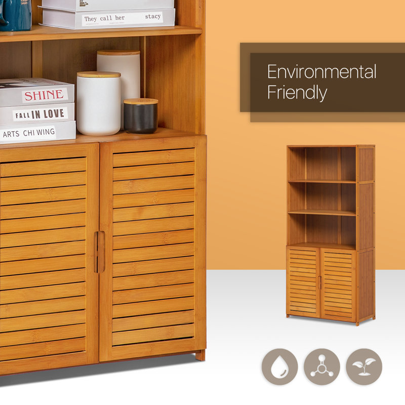Brown Bamboo 5-Tier Bookcase with Shutter Doors