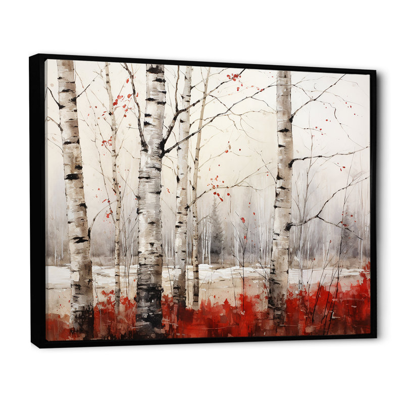 Impressions sur toile de bouleau blanc et rouge en hiver II, Cadre flottant noir, 24" H x 32" W