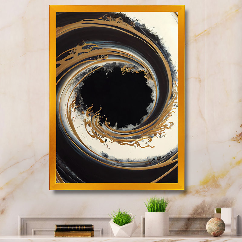Cercle noir et doré V - art mural moderne sur toile, H 32 po x l 16 po x P 1 po, Impression dorée sur toile encadrée