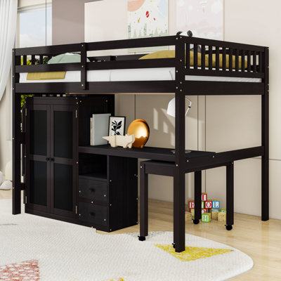 Lit mezzanine en bois avec bureau d'étude intégré, armoire, tiroirs et table mobile