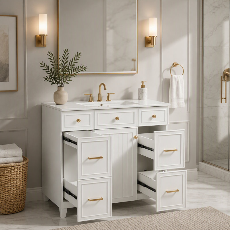 Meuble-lavabo 36 po avec lavabo en céramique, cadre en bois massif blanc, portes à fermeture douce, tablettes réglables, 3 tiroirs, y compris un tiroir à double profondeur pour le rangement du sèche-cheveux