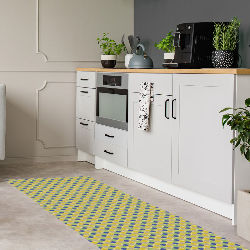 Tapis jaune/bleu rétro diamants, Tapis de couloir 2 pi 6 po x 8 pi