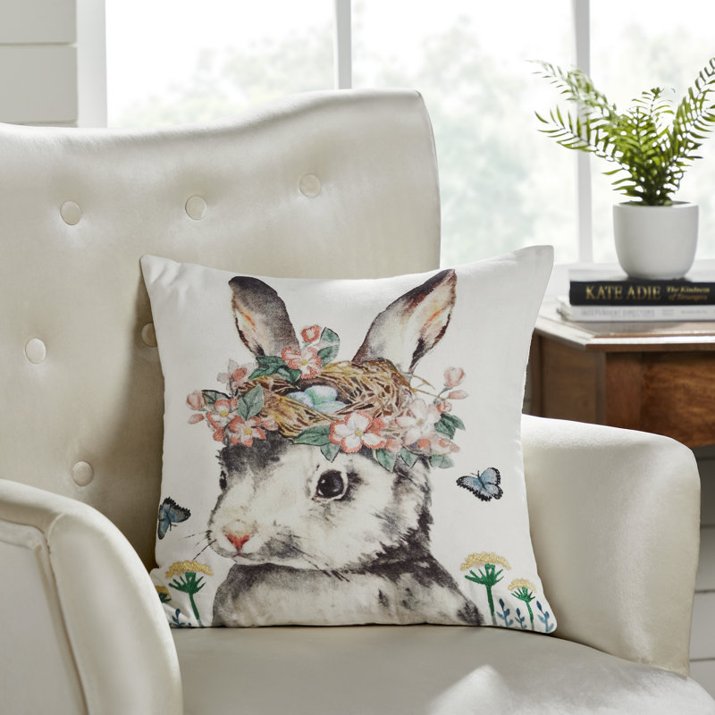 Farmhouse Grey Cotton Embroidered Bunny Accent Pillow