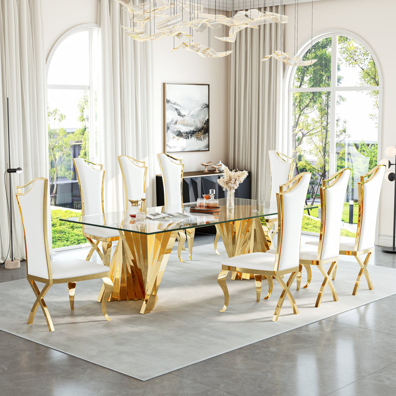 8 - Person Glass Top Double Pedestal Dining Set, Gold, White/Gold