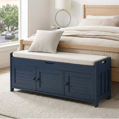Banc de rangement Marrion de style contemporain avec tablettes et coussins réglables, pieds en bois pour les chambres et les vestibules