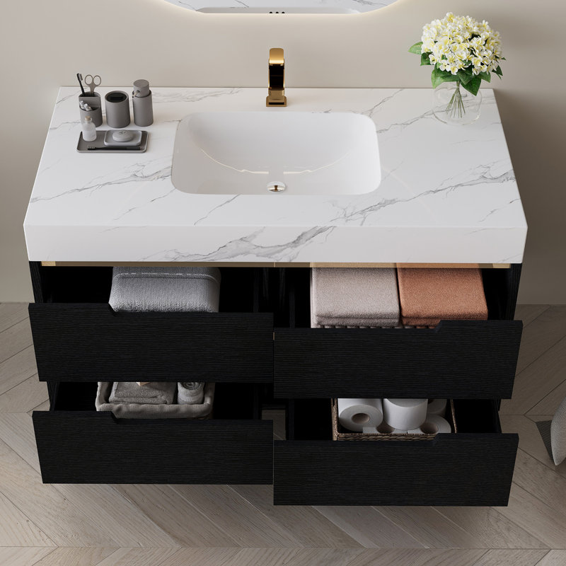 Meuble-lavabo moderne avec plateau en pierre frittée, lavabo encastré, bois imperméable et 4 tiroirs pour le rangement, meubles-lavabos