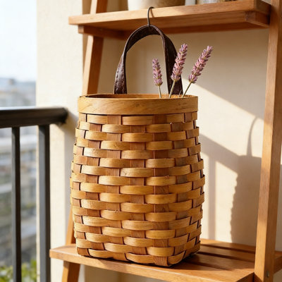 Hand-Woven Rattan Wall Hanging Basket - Rustic Wood Storage Organizer For Home Decor, Flowers, Fruits, And Vegetables