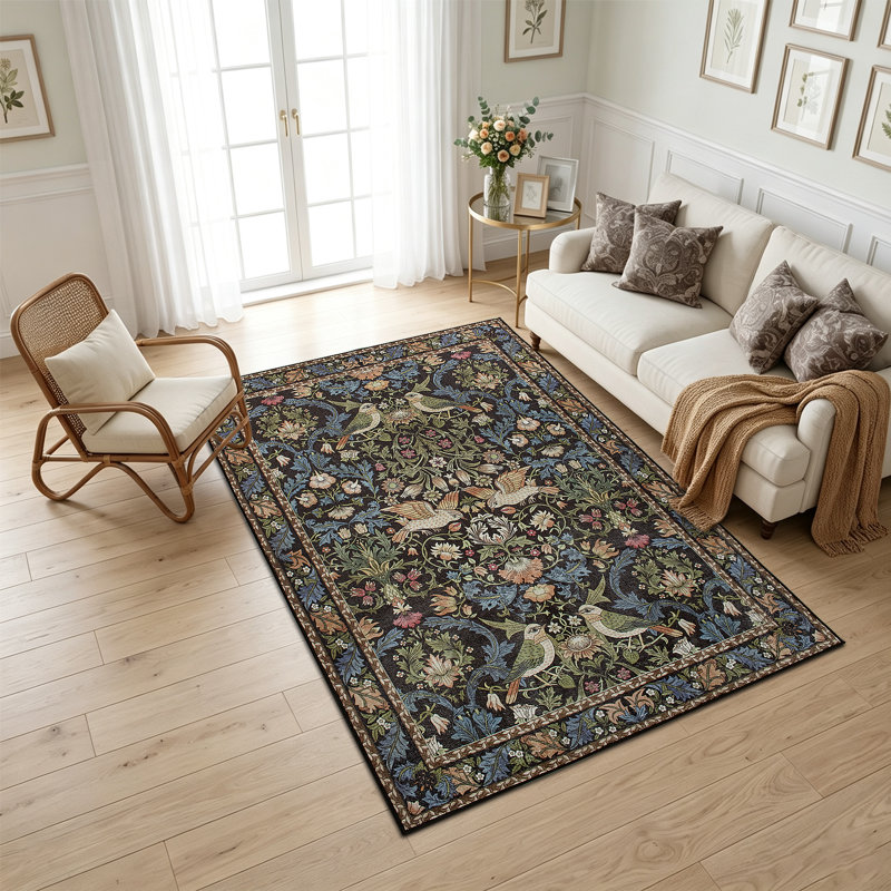 Flatweave Area Rug，Black retro floral rug, 120*170cm