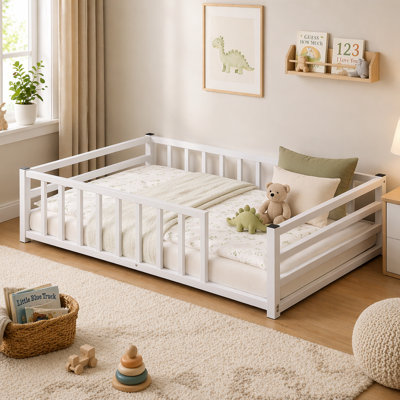Toddler Floor Bed with Rails and Door, Twin Size Montessori Bed for 2-5 Year Olds, Low Profile Metal Platform