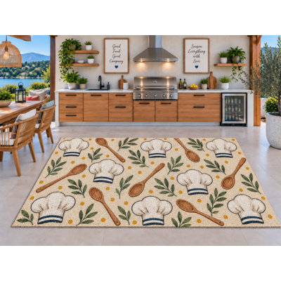 Tapis d'extérieur 152 x 213 cm (5 pi x 7 pi) à motif chapeau de chef, cuillère en bois et pois moutarde. Tapis épais, imperméable, en PVC bouclé, séchage rapide, idéal pour la cuisine, le porche, la terrasse ou l'entrée.
