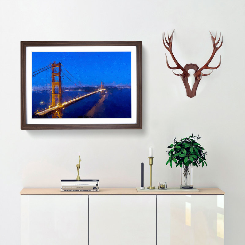 Golden Gate Suspension Bridge in Abstract - Picture Frame Graphic Art Print, 27cm H x 36cm W x 2cm D, Walnut Framed
