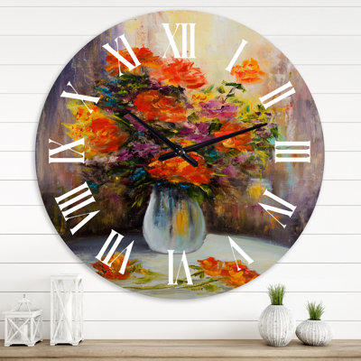 Nature morte avec bouquet de fleurs rouges et jaunes - Horloge murale traditionnelle