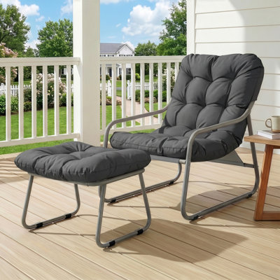 Outdoor Lounge Chair with Ottoman, 3.8" Thick Cushion, 380 lb Capacity, Weather-Resistant Patio Chair for Porch Balcony Poolside