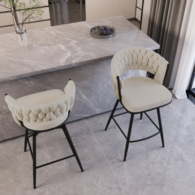 Tabouret de bar 26 po de 2 personnes, blanc. Design tissé en lin, fonction pivotante à 360 °. Base en métal, rembourrage. Pour tabourets blancs de bar, de café et d'îlot de cuisine. Siège pivotant et confortable. Fabrication, convient à divers