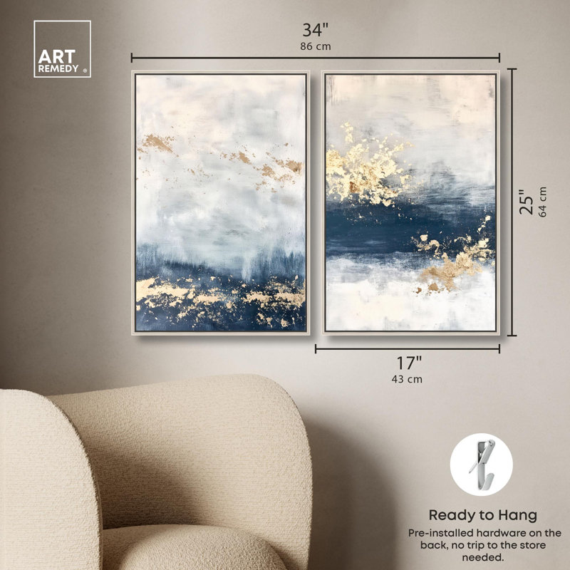 «Gilded Coastal Calm Blue Art», ensemble de 2 impressions sur toile par , H 25 po x l 17 po, Argent argent