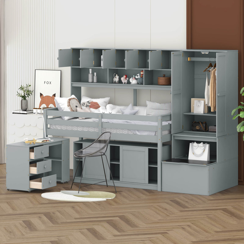 Lit mezzanine avec tiroirs Jeycob Kids, Simple, gris