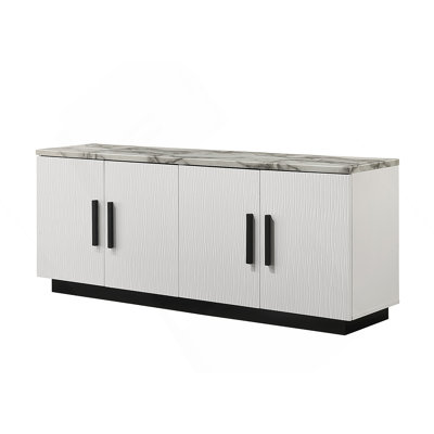 Reine 63 Inch Wide White Cabinet Console Table With Elegant Faux Marble Top For Modern And Stylish Interiors