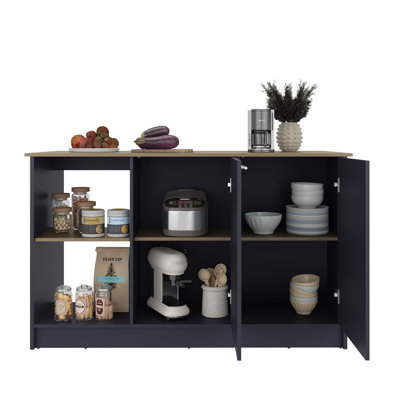 Kitchen Island With Juniper Style, Two Door Cabinets, Three Open Storage Areas, Blue And Cream Tones, Particle Board Main Component, 59 Inches Wide Unit, 25.2 Deep, 35.4 High Large Dining Countertop,