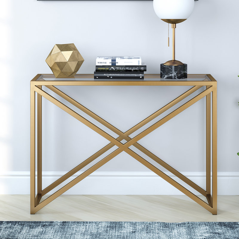 Calix Glass Top Console Table, Brass, 76 cm H x 106.7 cm W x 35.56 cm D