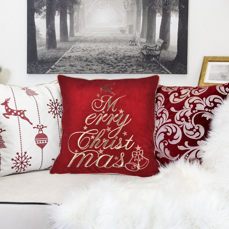 Coussin décoratif rouge en velours avec broderie Merry Christmas