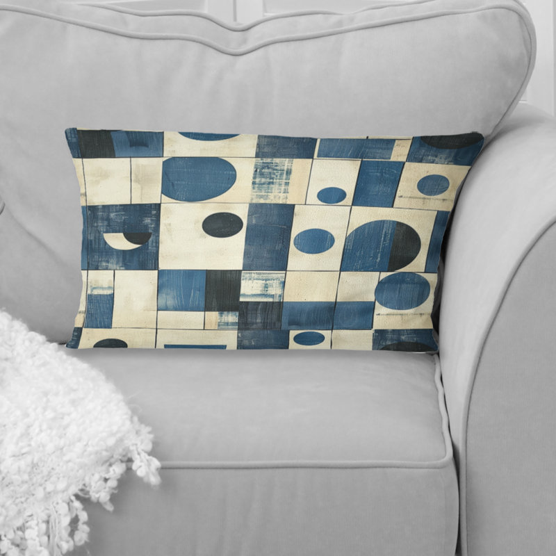 Coussin lombaire Mid-Century blanc et bleu I