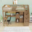 Lit mezzanine simple en bois avec bureau en L, tablettes, éclairage DEL et escalier de rangement-57472460
