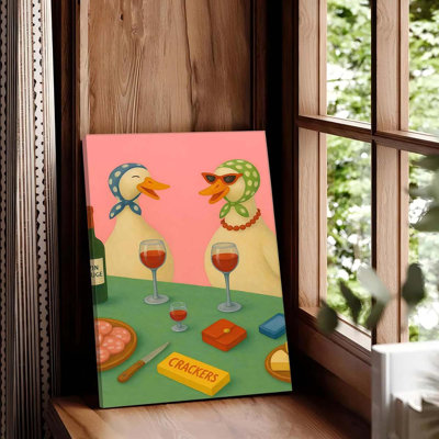 60*40,Funny Duck Canvas Wall Art Trendy Pink Goose Drinking Wine Pictures Kitchen Decor Colorful Food Bar Cart Poster Vintage Whimsical Animal Painting.