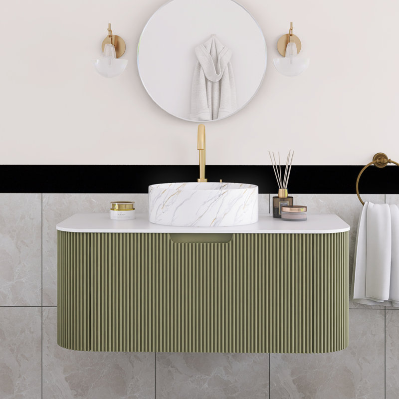 Meuble-lavabo flottant mural 36 po vert avec plateau en marbre artificiel blanc, Vert