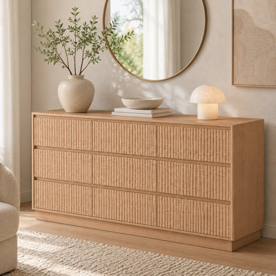This mid-century wooden cabinet, in a natural wood color, features nine large drawers and can be used as a bedroom chest of drawers, a living room TV stand, or a side storage table.