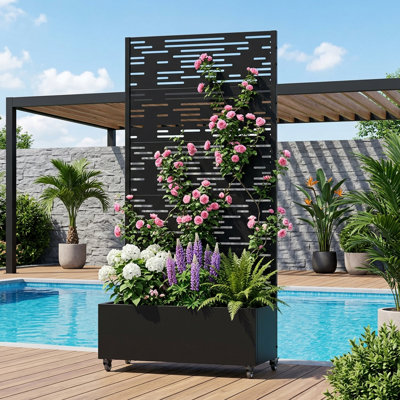 Metal Planter Box with Trellis with Wheels