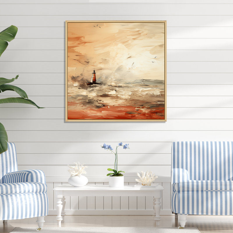 Peinture jaune du coucher de soleil phare II - art mural coucher de soleil côtier, Cadre flottant noir