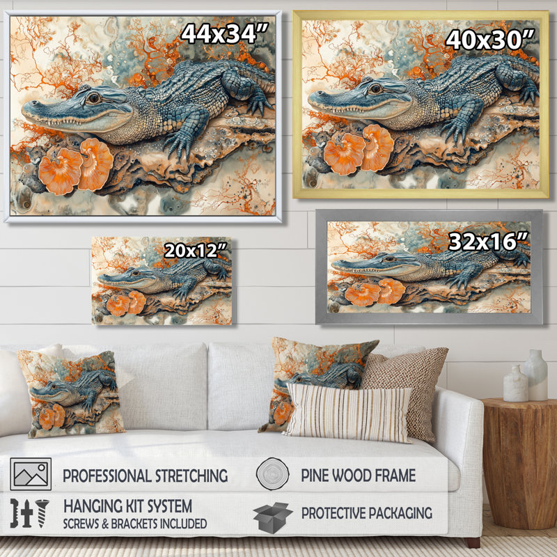 Aligator and Marble Felections II - Crocodile, art mural, H 12 po x l 20 po, Cadre flottant, Brun