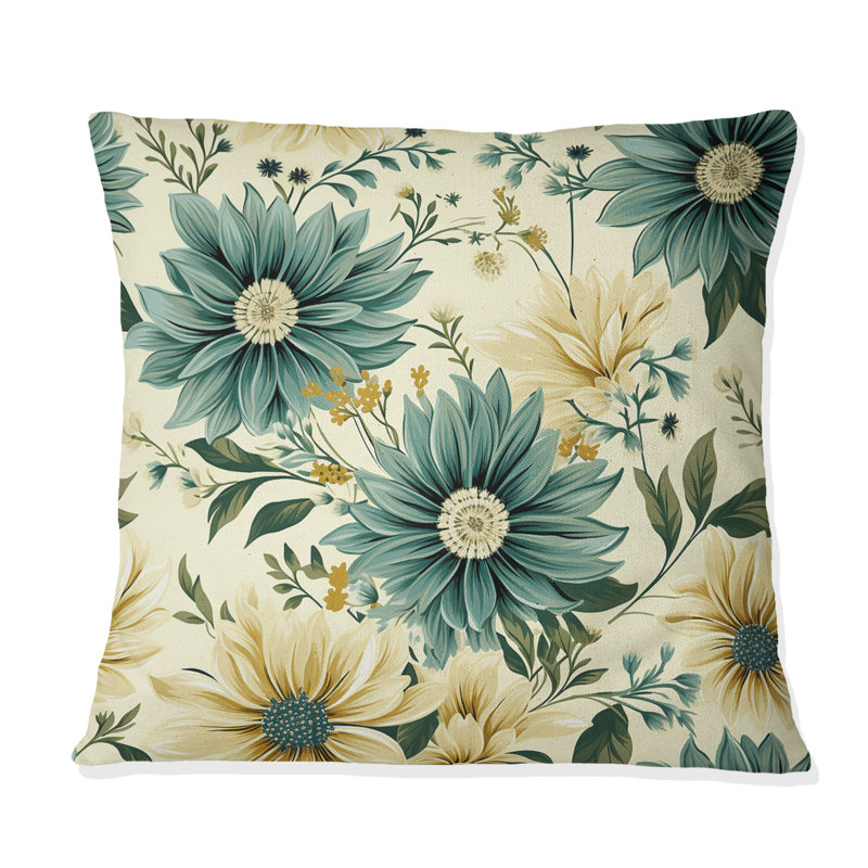 Coussin décoratif rétro vert et beige Dahlia I - imprimé floral, H 16 po x l 16 po